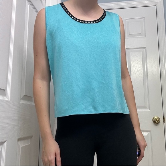 Ming Wang Top Knit Sleeveless Blue Work Minimalist Preppy Chic Designer Medium - Picture 2 of 8